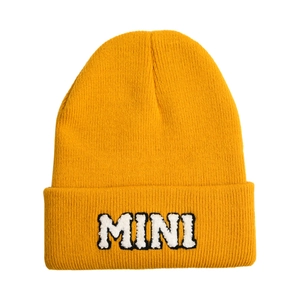 Bright yellow knit beanie for kids with 3D MINI letter embroidery for winter warmth