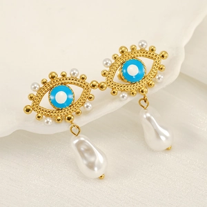 Evil Eye Drop Earrings 18K Gold Plated 304 Stainless Steel Enamel Artificial Baroque Pearl Vintage Boho Style Women