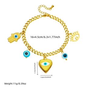Gold Hamsa and Evil Eye charm bracelet with dimension labels on a white background