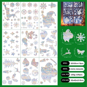 Detailed view of 105 Christmas static window stickers showing reindeer and rainbow patterns