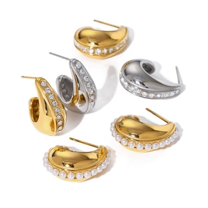 Classic 18k gold stainless steel C-shaped hoop earrings with zircon and pearl inlay