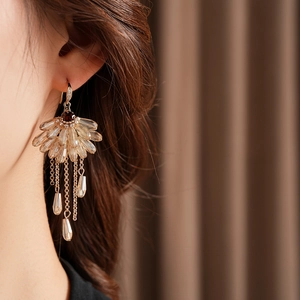 Macro detail of fan-shaped crystal earrings with gold tassels on model's ear