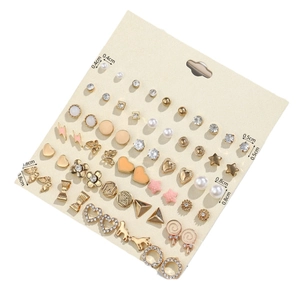 Set of 30 pairs of gold-plated stud earrings featuring butterfly and heart designs