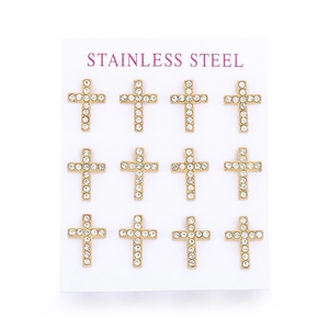 Set of 12 stainless steel cross stud earrings with sparkling white zircons in gold finish
