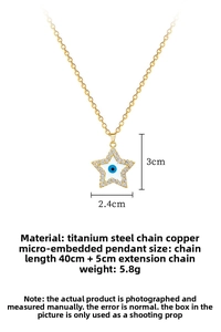 Detail showing titanium steel pentagram necklace with evil eye design and dimensions