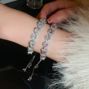 Ins style sparkling pink and white heart crystal bracelets with adjustable slider clasp