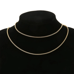 Detail of 18k gold plated stainless steel box chain necklace on black velvet mannequin