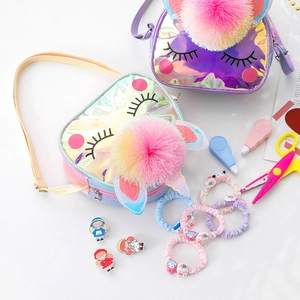 Unicorn shiny TPU crossbody travel bag for kids with rainbow pompom and glittery ears