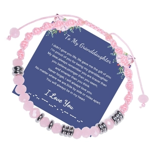 Pink quartz Morse code woven bracelet with sentimental granddaughter gift card message