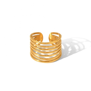 Macro detail of 18K gold plated multi-layer stainless steel ring with hammered texture