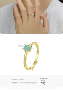 Detailed view of S925 sterling silver ring featuring rectangle green gemstone and hallmark