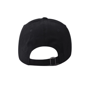 Detail view of cotton baseball cap with adjustable metal buckle and strap on back
