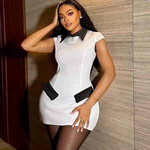 Slim fit black and white contrast dress with lapel collar and sleeveless design