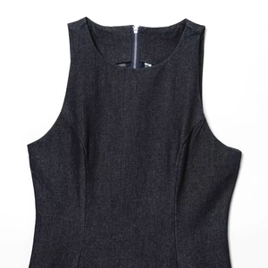 Deep blue denim sleeveless dress with front metal zipper and a stylish layered design