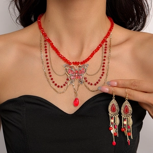 Collier Pendentif Papillon Et Boucles D'oreilles Perles De Verre Rouges Multicouche Alliage Strass Bijoux Bohèmes Femmes