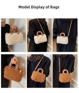 Collage of plush faux wool bucket bags in white and brown with leather handles and straps
