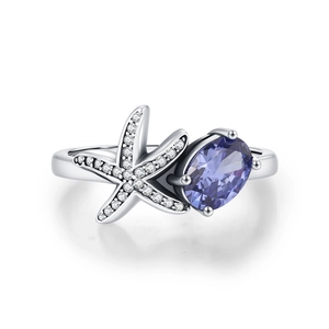 Exquisite S925 silver starfish ring featuring a purple oval stone and shimmering pavé zircons