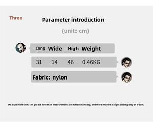 Size specifications for the nylon backpack showing dimensions 31x14x46cm and 0.46kg weight