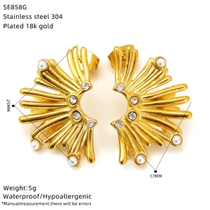 Detail view showing dimensions of gold-plated stainless steel pearl earrings with rhinestones