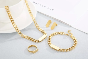 Detailed set of gold cuban link jewelry featuring rectangular plates and polished finish