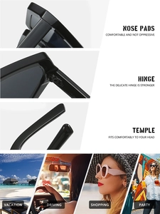 Detailed views of comfort nose pads, sturdy hinges and temples on black geometric sunglasses