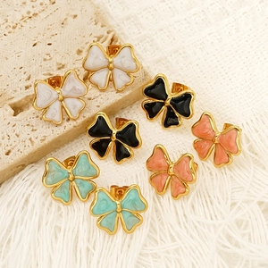Set of four colorful bow stud earrings in gold plated stainless steel for women
