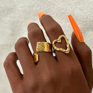Hammered Hollow Heart And Wide Band Adjustable Rings 18K Gold Plated Stainless Steel Wrinkled Jewelry For Women