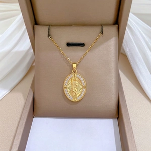 Collana Con Ciondolo Ritratto Ovale San Giuda Religioso Rame Placcato Oro Zircone Catena In Acciaio Inossidabile Per Donna