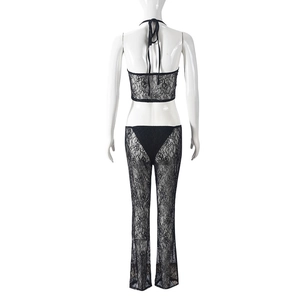Vue arrière d'un ensemble deux pièces en dentelle noire avec haut licou et pantalon transparent