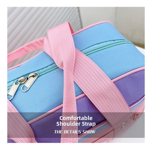 Detailed macro view of multi-color nylon travel bag with dual zippers and pink strap