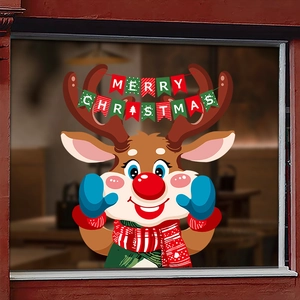 Cartoon reindeer Christmas window sticker with Merry Christmas greeting for festive home decor
