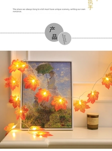Detail of LED maple leaf fairy lights wrapped around a picture frame for home decor