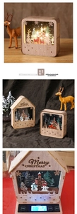 Detailed macro view of laser-cut wooden Christmas cabin featuring festive LED illumination