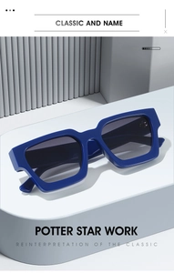 Detail of navy blue square sunglasses on a minimalist white base with dark grey backdrop