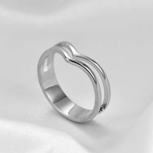 Minimalist double layer V-shaped hollow stainless steel ring with silver polished finish