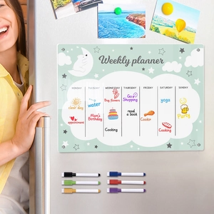 Clear acrylic magnetic weekly planner on fridge with six colorful dry erase markers