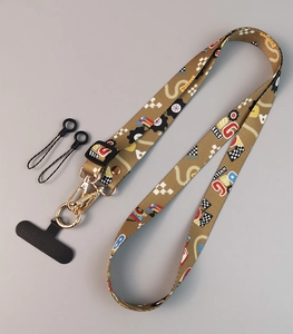 Adjustable brown neck strap featuring vintage car wheels pattern and golden metal clips