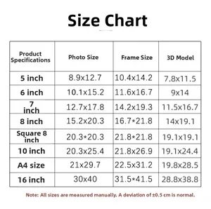 Detailed size chart for shadow box frames showing inner, outer and photo dimensions