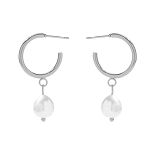 Minimalist silver hoop earrings with natural freshwater pearl pendants for women