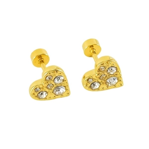 18K gold plated heart stud earrings with sparkling pavé crystals on a white background
