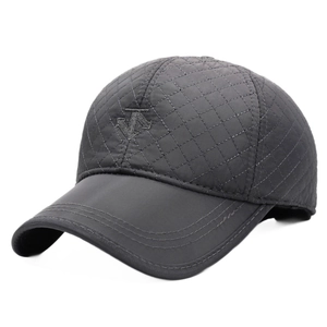 Winter baseball cap for elderly men with ear protection and dark gray quilted fabric