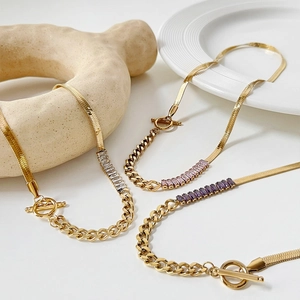 18K Gold Plated 316L Stainless Steel Baguette Zirconia Splicing Snake Chain Cuban Link Toggle Clasp Necklace For Women