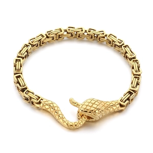 Men's punk snake head clasp Byzantine chain bracelet in gold-plated stainless steel