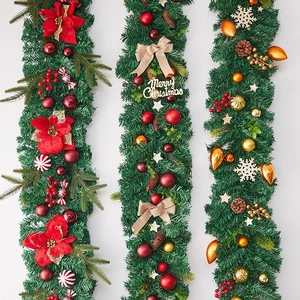 Artificial Christmas Garland PVC Pine Needles Poinsettia Pine Cones Ornaments Pre-Lit Home Wall Fireplace Staircase Decor