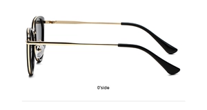 Side view of cat-eye sunglasses with thick black frames and slim gold metal temples