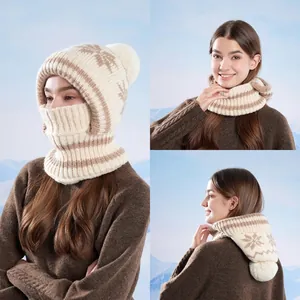 Winter knitted hat set with snowflake pattern, fleece lining, and faux fur pompom details