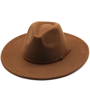 Classic brown wide brim wool fedora hat with a leather strap and metal buckle detail