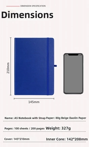 Detailed size chart for A5 hardcover notebook with 80g cream paper specifications