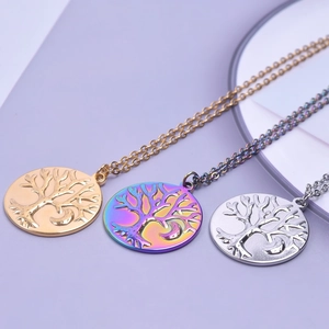 Three-color stainless steel tree of life circular pendants in gold, rainbow, and silver