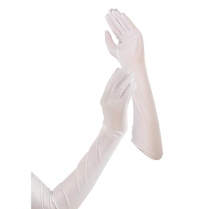 Detail of long white satin party gloves showing elastic fabric texture and sleek fit